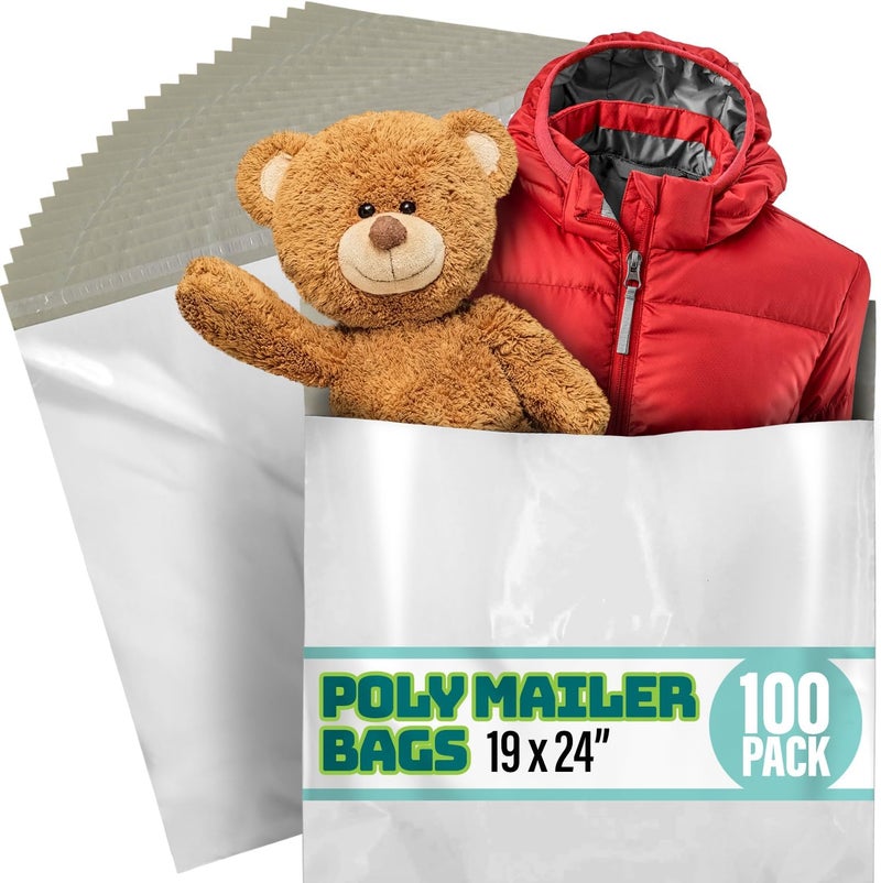 Shop Square Poly Mailers 19x24 Inch - 100 Pack - Large Shipping Bags for Clothing & Packages, Strong Adhesive Sealing Mailing Envelopes for Small Business, White - Image 1